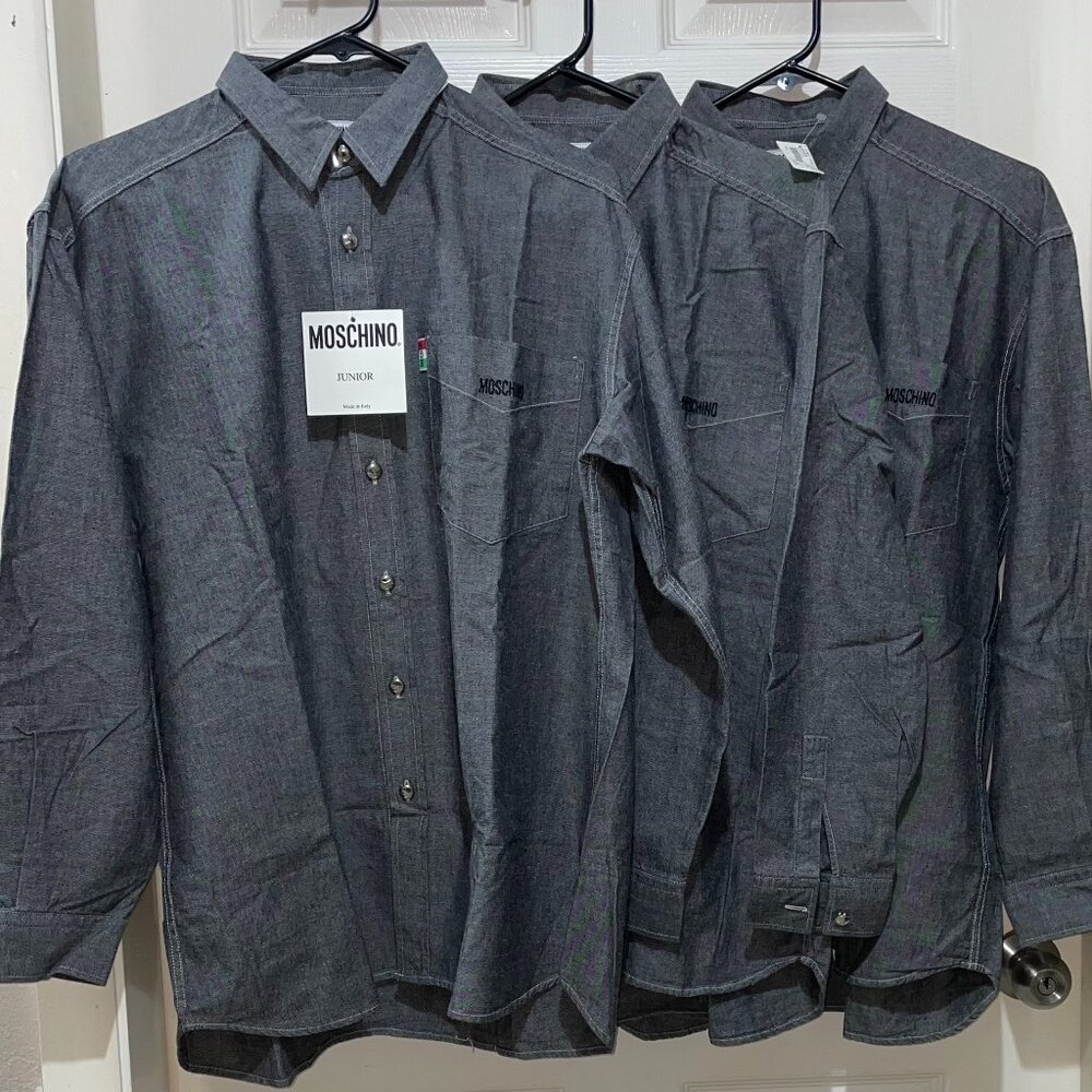 Moschino Boys Gray Solid Embroidered Button-Up Casual Shirt Long Sleeve NTW!